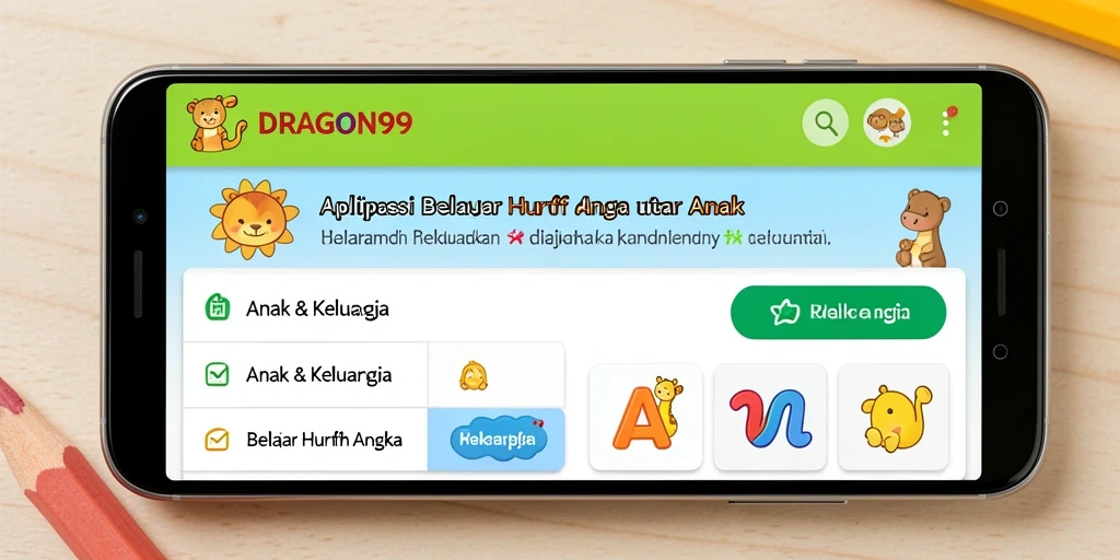 Antarmuka aplikasi DRAGON99 yang menarik untuk belajar huruf dan angka.
