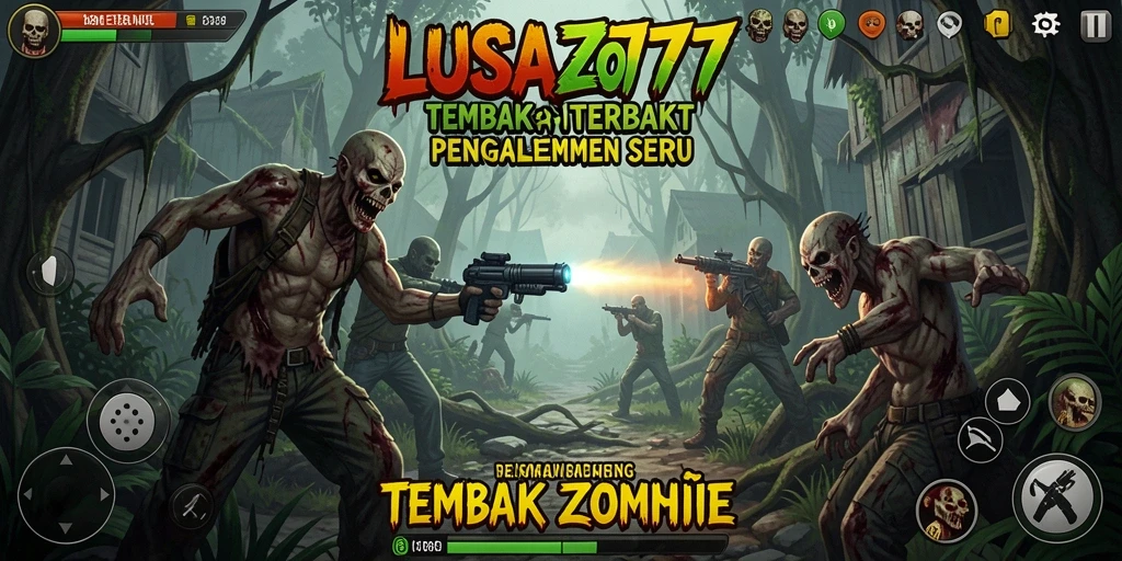 Antarmuka LUSA777 menampilkan aksi seru menembak zombie.