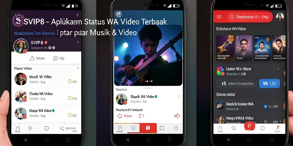 Screenshot aplikasi SVIP8 menampilkan antarmuka pengguna untuk mengunggah status WA video.