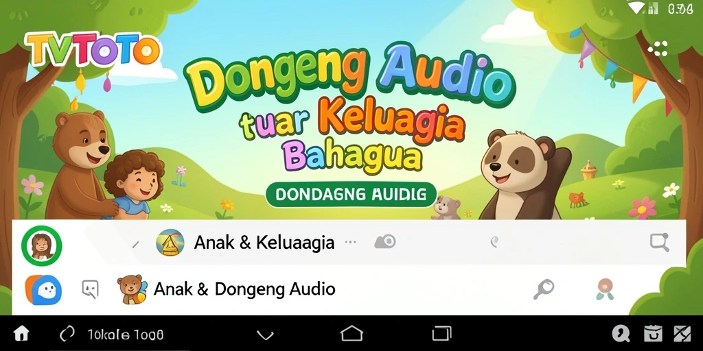 Tampilan antarmuka aplikasi TVTOTO yang menarik untuk dongeng audio.